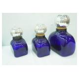 Vintage Hand-Blown Cobalt Blue Glass Jar w/Silver Toned Glass  Cork Stoppers. (large) 3ct