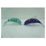 Pair of Hand-Blown Art Glass Dolphin Figurines-Murano-Style. 8" long and 7" long