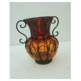 Vintage Hand-Blown Red/Orange Glass Bubble Metal Caged Vase 9.5" tall