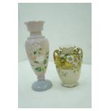 Hand-Painted Bristol Glass Vase; Vintage Nippon 6" two-handled porcelain vase