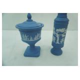 Vintage Avon Avonshire Blue Charisma Grecian Pedestal Container and Perfume Jar 970s