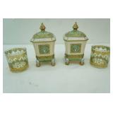 Fitz & Floyd Classics Georgian Collection Lidded jars; Vintage Culver Valencia 22K Gold and Green Diamond-pattern old fashioned glasses