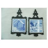 Vintage Currier & Ives Homestead Winter Cast Iron & Tile Trivets