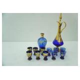 Vintage Murano Cobalt Blue and Gold Decanter Set (w/Murano sticker); Venetian or Bohemian Cobalt BLue Glass Decanter w/24K gold gilt and hand-painted enamel floral designs