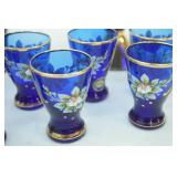 Vintage Murano Cobalt Blue and Gold Decanter Set (w/Murano sticker); Venetian or Bohemian Cobalt BLue Glass Decanter w/24K gold gilt and hand-painted enamel floral designs