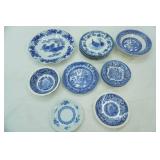 Vintage Blue Transferware Plates, Bowls, Large Serving Dish