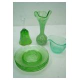 Vintage 5 Vaseline Uranium Glass Salad Plates; Green Depression GLass Creamer; Vintage Hand-Painted Green Glass Bell; Green Glass Swung Vase