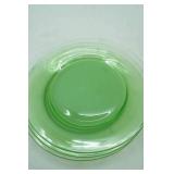 Vintage 5 Vaseline Uranium Glass Salad Plates; Green Depression GLass Creamer; Vintage Hand-Painted Green Glass Bell; Green Glass Swung Vase
