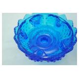 Vintage White Crystal Made in Italy Blue Glass basket with silver-toned pedestal; Vintage Fenton Colonial Blue Hobnail Glass Six-Candle Holder Pedestal Bowl
