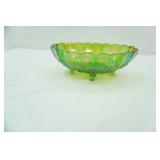 Vintage Indiana Glass Lime Green Iridescent Carnival Glass Footed Oval Bowl in the "Harvest" Pattern