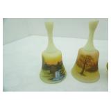 Vintage Fenton Hand-Painted Custard Satin Glass Bells and Ruffled Edge bowl & basket w/broken handle