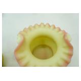 Vintage Fenton Hand-Painted Custard Satin Glass Bells and Ruffled Edge bowl & basket w/broken handle