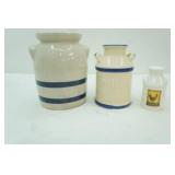 Vintage Robinson Ransbottom Stoneware Crock; Blue Goose Pottery Milk Can; Vintage Kate McRostie White Ceramic Milk Jug Salt Shaker