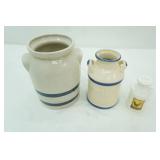 Vintage Robinson Ransbottom Stoneware Crock; Blue Goose Pottery Milk Can; Vintage Kate McRostie White Ceramic Milk Jug Salt Shaker