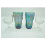 Vintage Indiana Glass "Harvest Grape" Iridescent Blue Carnival Glass Tumblers and Etched Crystal Clipper Ship Stemmed Glasses