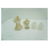 Fenton Glass Glossy White Opalescent Boy & Girl Praying Angels; Fenton Satin Custard Angel Flora Bell; Fenton? Art Glass hand-painted angel figurine in custard