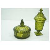Vintage Indiana Glass Co. Princess Pattern Green Glass Candy dish w/lid & Indiana Mt. Vernon pattern Green Footed Lidded Candy Dish