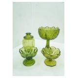 Vintage Indiana Glass Avocado Green Pedestal Compote w/a Diamond Quilted Pattern,