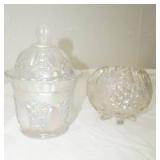 Imperial Glass Iridescent Carnival "Beaded Jewel" pattern Covered Candy Dish, Antique Dugan "Grape Delight" Carnival Glass Rose Bowl