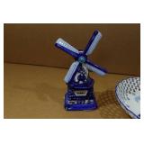 Vintage Delft Ceramic Dutch Holland Windmill with Figurine and Plate