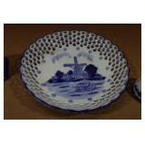 Vintage Delft Ceramic Dutch Holland Windmill with Figurine and Plate