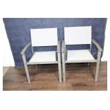 Set Of 2 Teak And White Mesh Outdoor Chairs