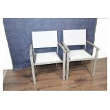 Set Of 2 Teak And White Mesh Outdoor Chairs
