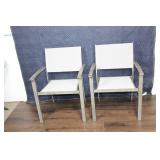 Set Of 2 Teak And White Mesh Outdoor Chairs