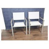 Set Of 2 Teak And White Mesh Outdoor Chairs