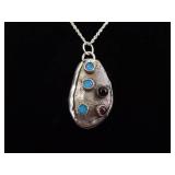 .925 Sterling Silver Opal and Amethyst Cabochon Primitive Pendant Necklace