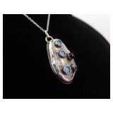 .925 Sterling Silver Opal and Amethyst Cabochon Primitive Pendant Necklace