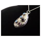 .925 Sterling Silver Opal and Amethyst Cabochon Primitive Pendant Necklace