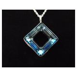 .925 Sterling Silver Faceted Blue Crystal Square Pendant Necklace
