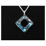 .925 Sterling Silver Faceted Blue Crystal Square Pendant Necklace