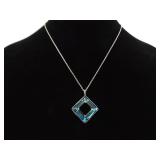 .925 Sterling Silver Faceted Blue Crystal Square Pendant Necklace