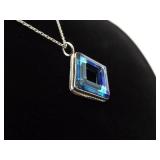 .925 Sterling Silver Faceted Blue Crystal Square Pendant Necklace