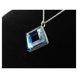 .925 Sterling Silver Faceted Blue Crystal Square Pendant Necklace