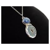 .925 Sterling Silver Sodalite Cabochon Asian Coin Primitive Pendant Necklace