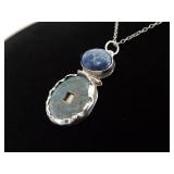 .925 Sterling Silver Sodalite Cabochon Asian Coin Primitive Pendant Necklace