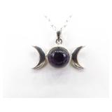 .925 Sterling Silver Amethyst Cabochon Eclipse Pendant Necklace