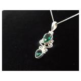 .925 Sterling Silver Faceted Emerald Crystal Pendant Necklace