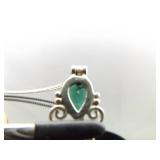 .925 Sterling Silver Faceted Emerald Crystal Pendant Necklace