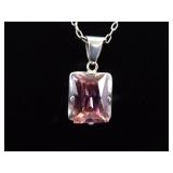 .925 Sterling Silver Pink Sapphire Crystal Pendant Necklace