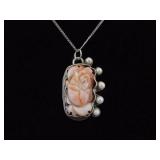 .925 Sterling Silver Primitive Carved Rhodonite Rose Pendant Necklace