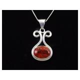 .925 Sterling Silver Red Jasper Cabochon Pendant Necklace