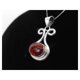 .925 Sterling Silver Red Jasper Cabochon Pendant Necklace