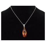 .925 Sterling Silver Acrylic Amber Drop Pendant Necklace