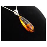 .925 Sterling Silver Acrylic Amber Drop Pendant Necklace