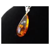 .925 Sterling Silver Acrylic Amber Drop Pendant Necklace