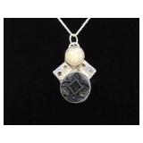 .925 Sterling Silver Primitive Carved Moon Face Pendant Necklace